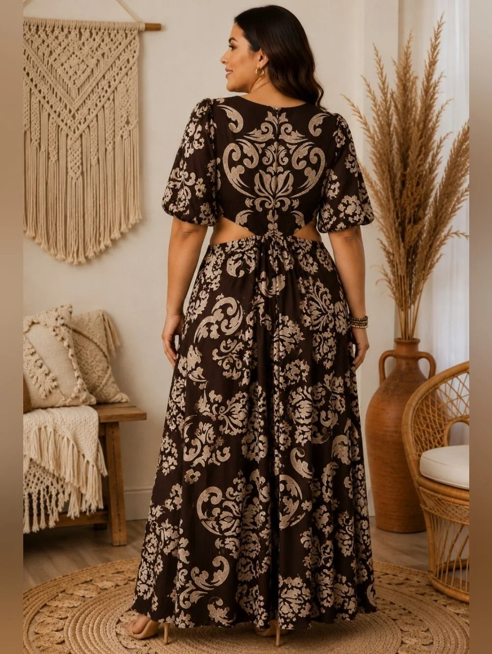 Abercrombie & Fitch Damask Print Side Cutout Puff Sleeve Maxi Dress XL